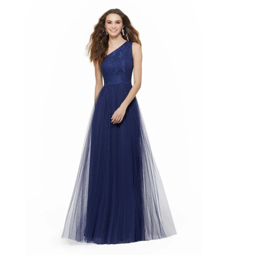 NEW Mori Lee Blue Lace Bodice One Shoulder Tulle A Line Maxi Skirt Z40